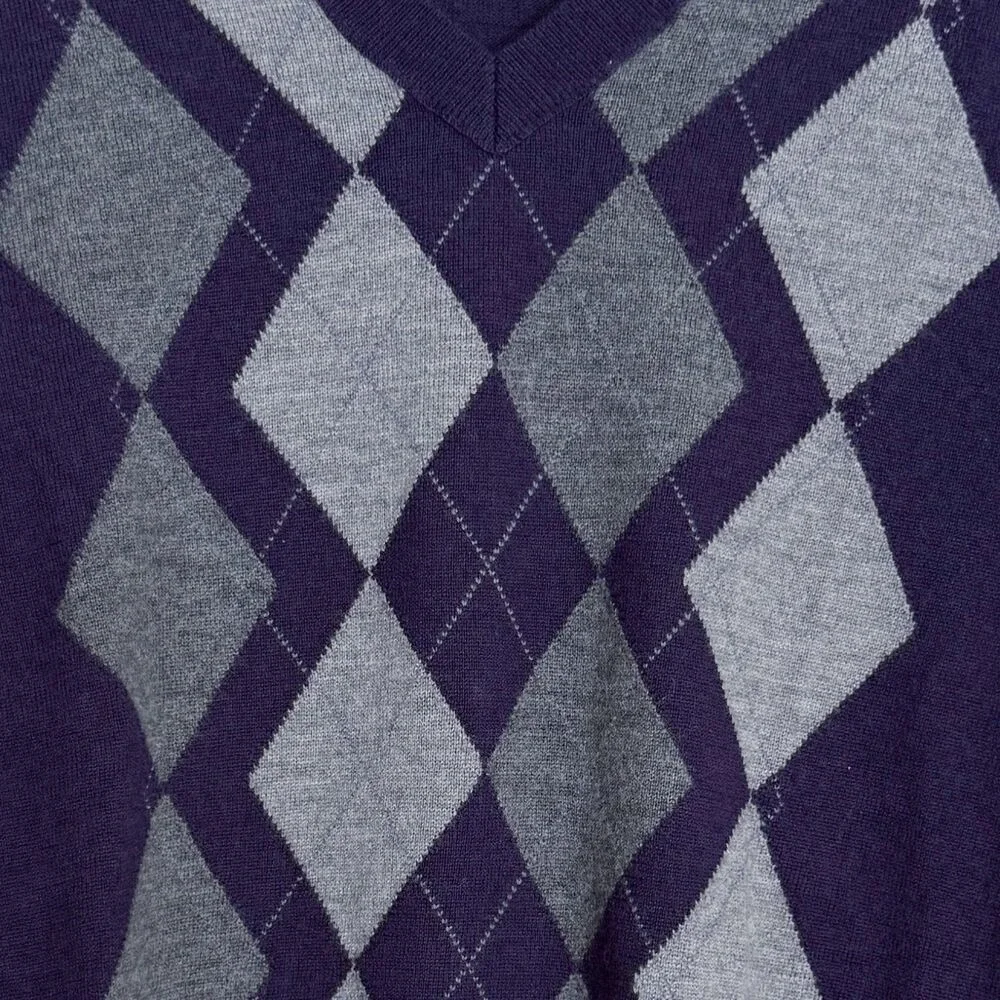Banana Republic 100% Merino Wool Purple Argyle Sweater Plaid Preppy Academia L